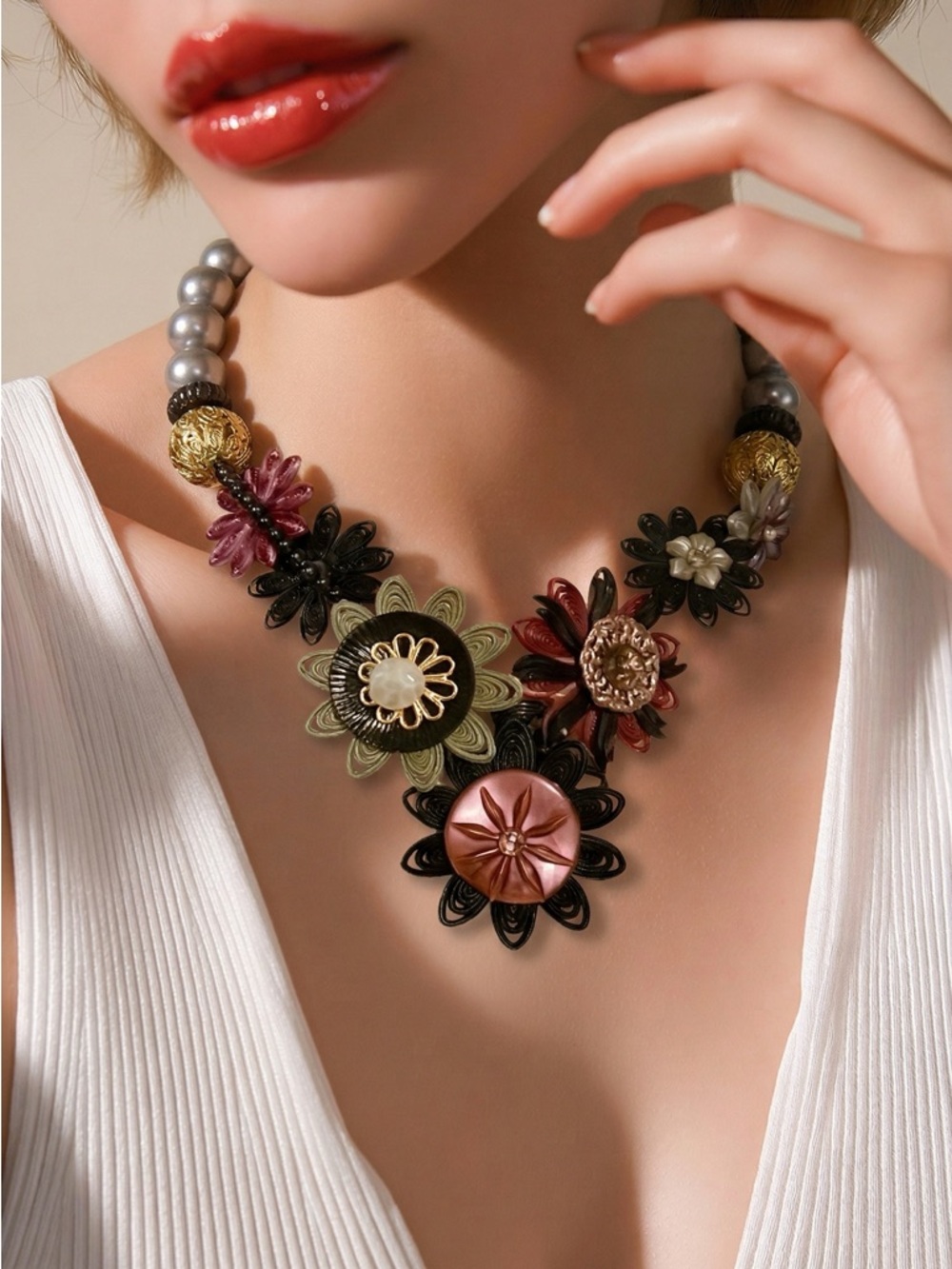 Bold Multi-Color Floral Bib Statement Necklace 16”